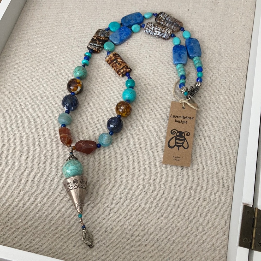 Boho Laura Hansen Designs Long Semiprecious Stone Necklace 925!Thai Silver Pe…